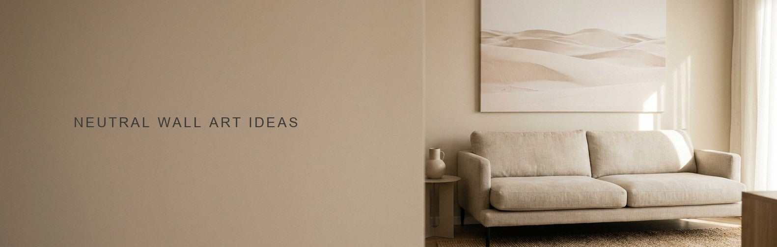 Neutral wall art in a warm beige living room with sand toned canvas prints
