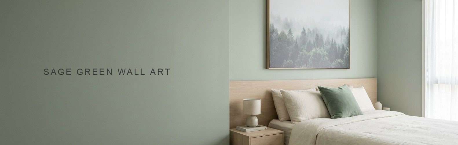Sage green wall art in a calm bedroom with a misty forest canvas