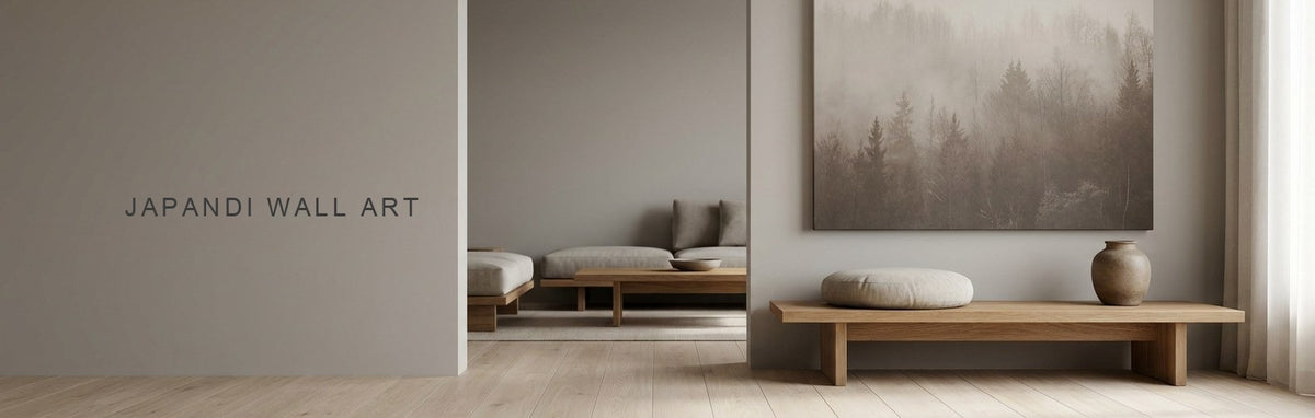 Japandi wall art in a pale wood room with a misty forest canvas