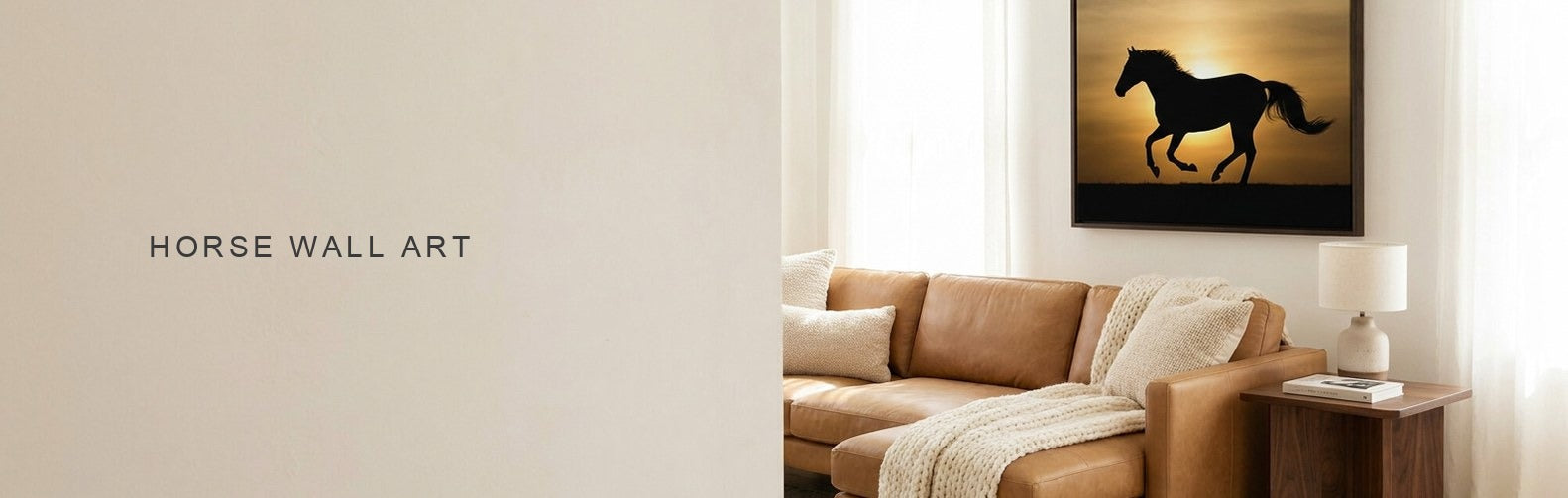 Horse wall art in a warm neutral living room with a galloping horse silhouette canvas