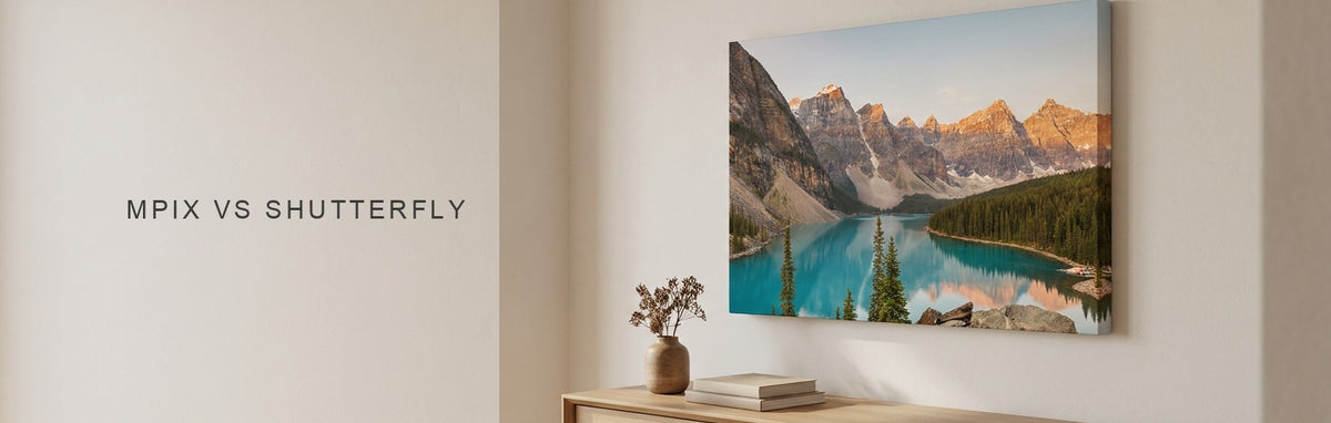 Mpix vs Shutterfly, a large mountain lake canvas print hung above an oak console in a bright living room