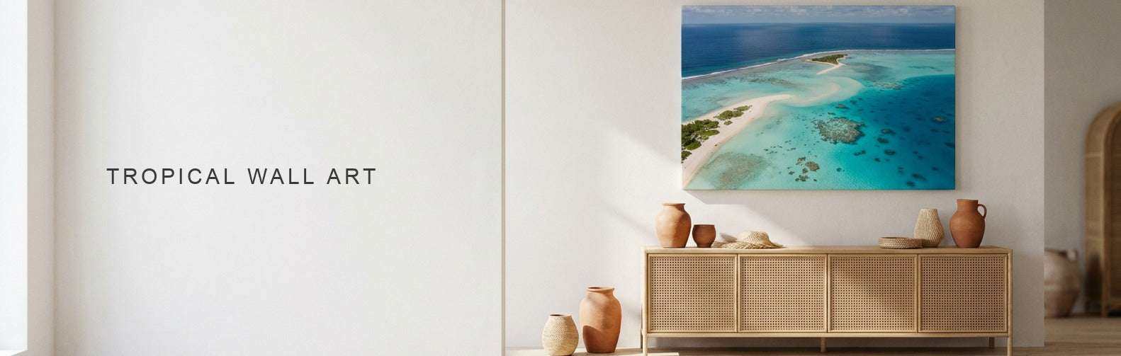 Tropical wall art in a light room, an aerial turquoise lagoon canvas