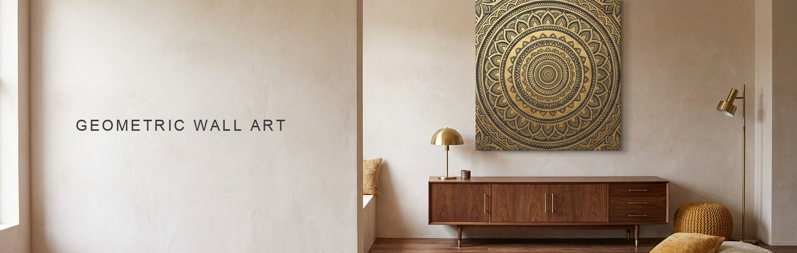 Geometric wall art in a warm room, a symmetrical gold mandala pattern canvas