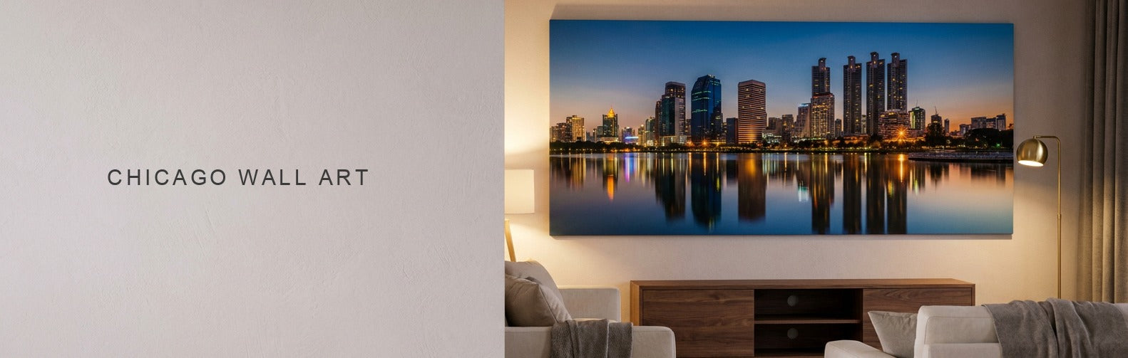 Chicago wall art above a media unit, a twilight Chicago skyline panoramic canvas