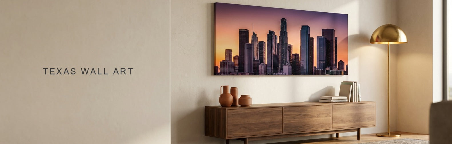 Texas wall art above a console, a Dallas skyline at sunset canvas