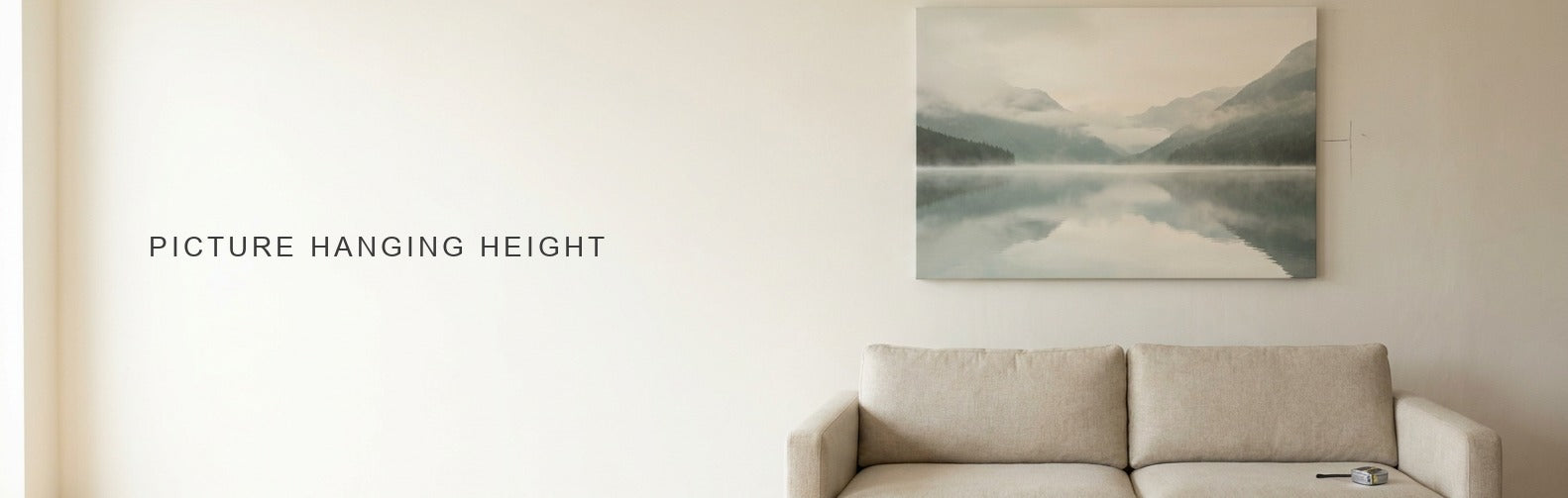 Picture hanging height measured with a tape above a sofa in a neutral living room