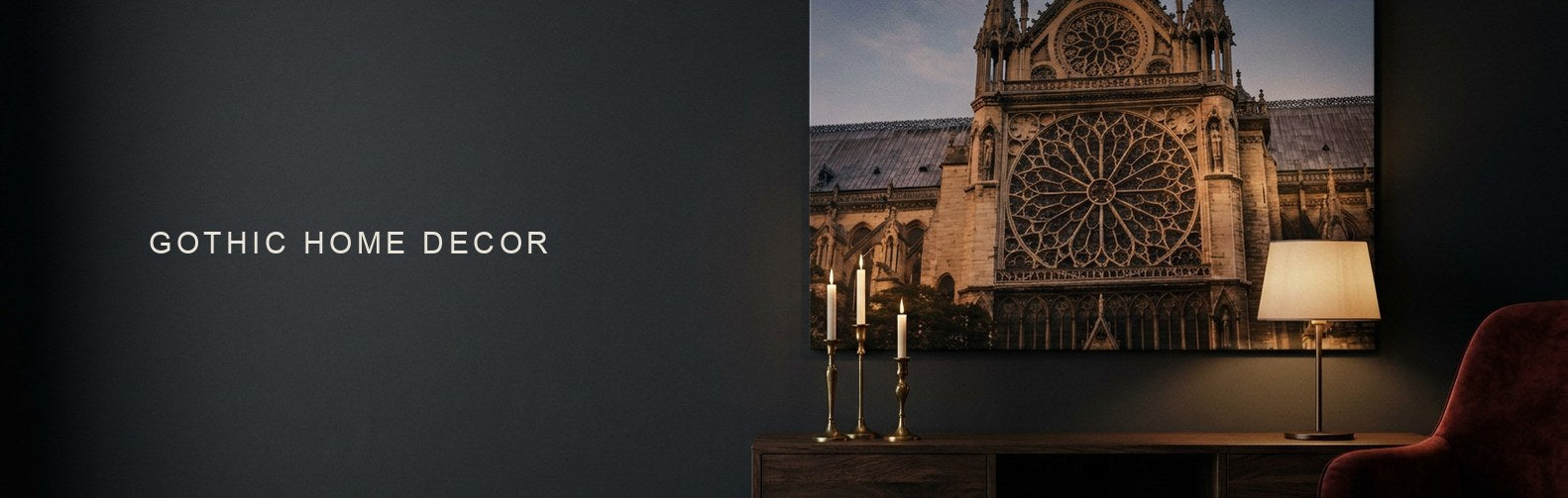Gothic home decor in a dark living room, a cathedral rose window canvas over a console