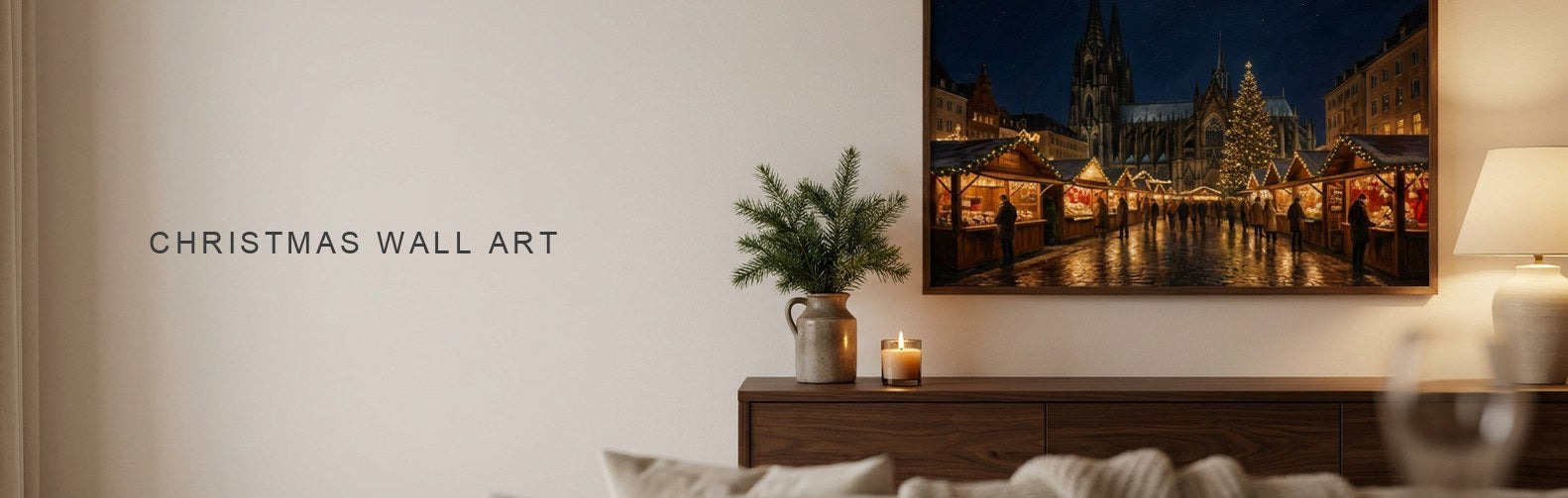 Christmas wall art above a console, a lit European Christmas market scene on canvas