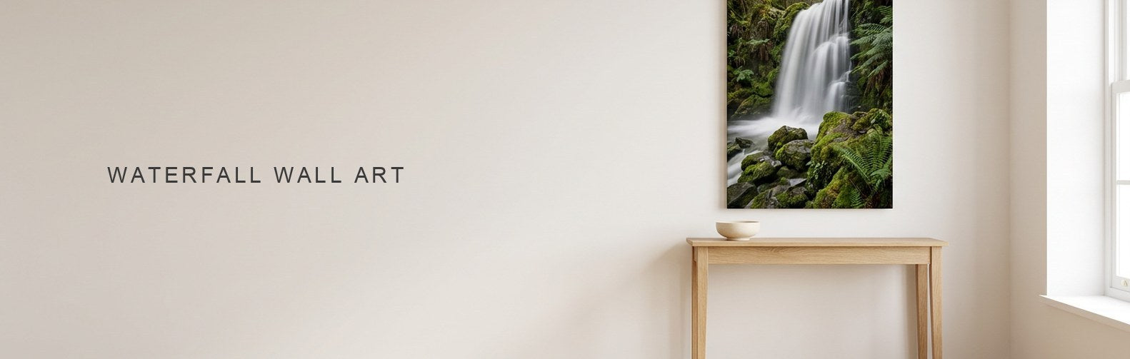 Waterfall wall art on a tall narrow wall, a silky long exposure forest waterfall canvas