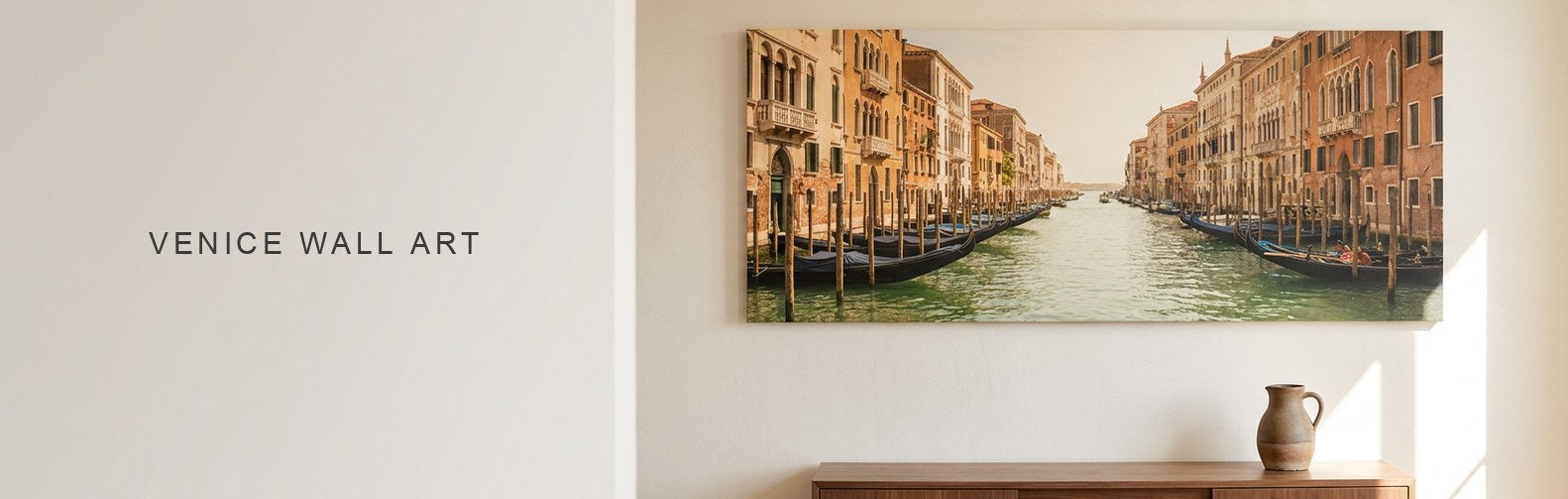 Venice wall art above a sideboard, a wide Grand Canal view with gondolas on canvas