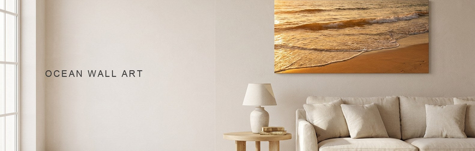 Ocean wall art above a sofa, a golden hour shoreline on canvas