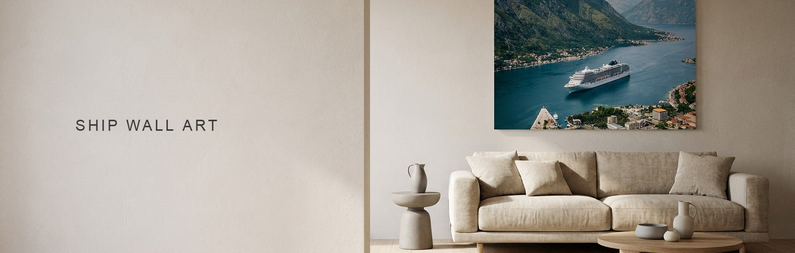Ship wall art above a sofa, a white cruise liner in a blue bay on canvas