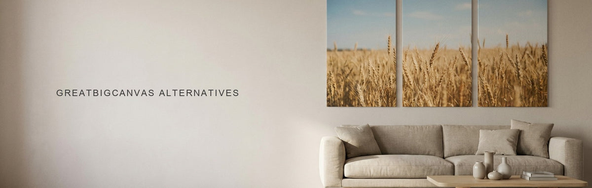 GreatBigCanvas alternatives compared: a three panel wheat field canvas above a sofa