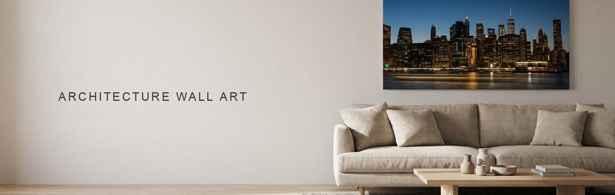 Architecture wall art above a sofa, a lit city skyline at night on canvas