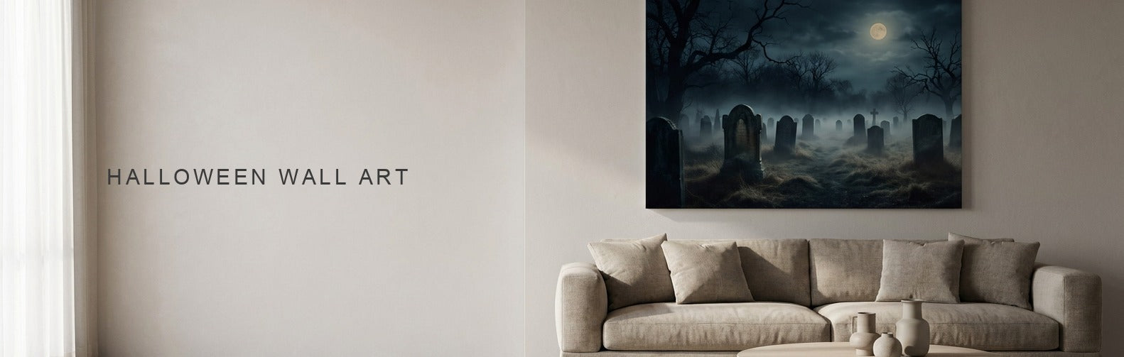 Halloween wall art above a sofa, a moonlit foggy graveyard on canvas