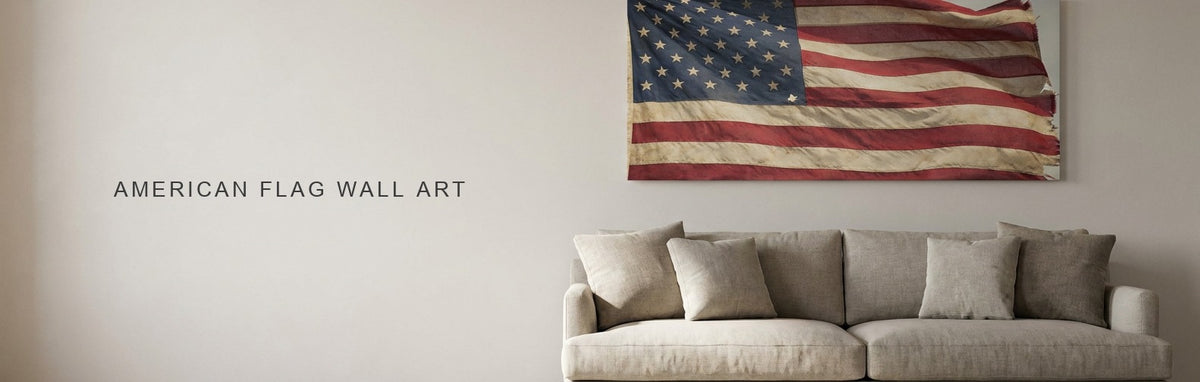 American flag wall art above a sofa, a weathered flag photograph on canvas