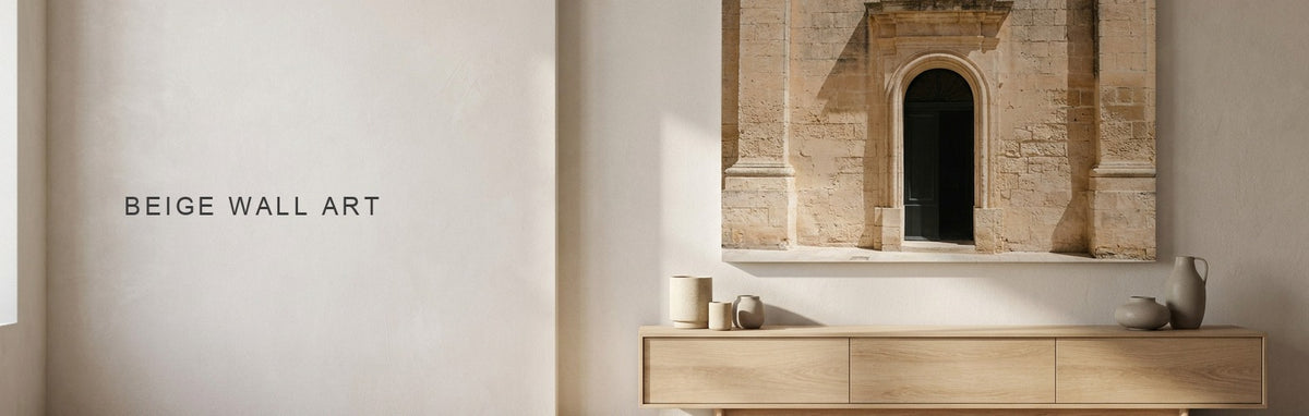 Beige wall art above a console, a pale stone facade photograph on canvas