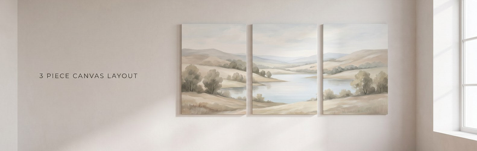 How to arrange a 3 piece canvas set: three landscape panels hung in a row with even spacing