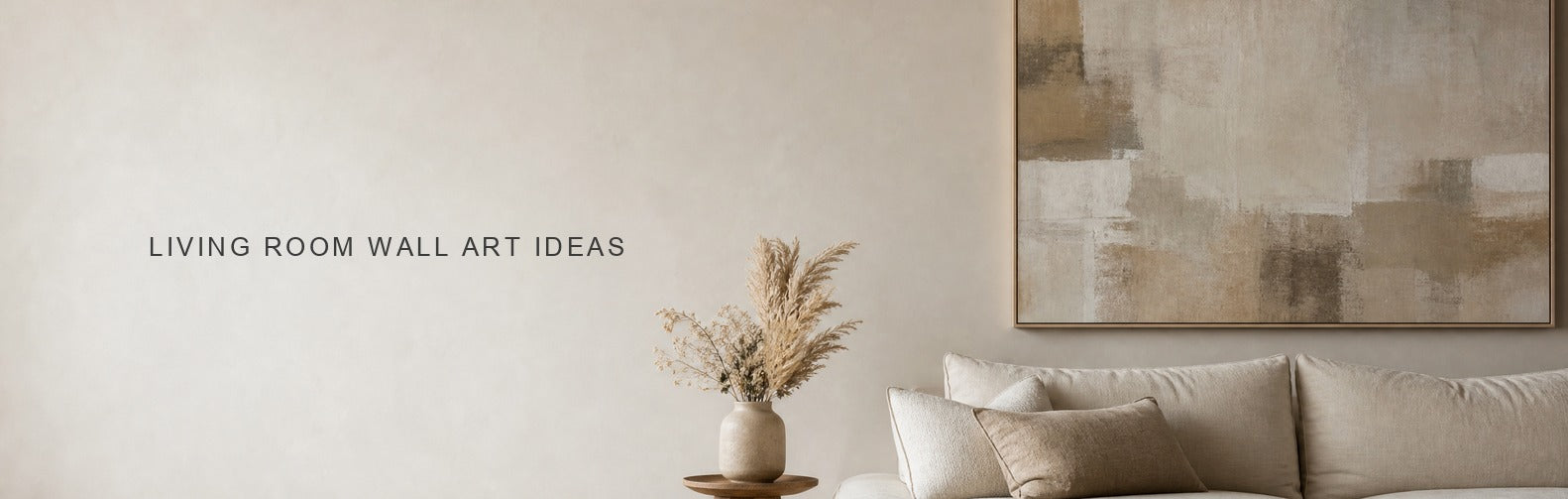 Living room wall art ideas: a large canvas hung above a linen sofa