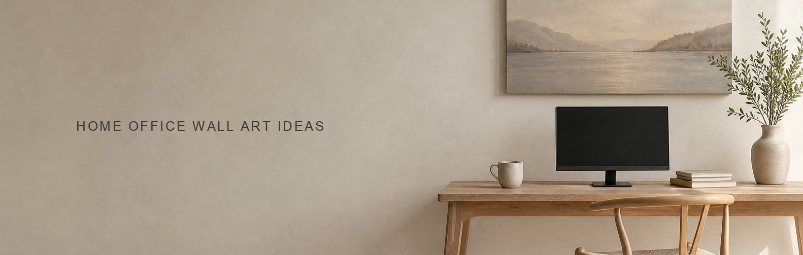 Home office wall art ideas: a calm canvas above a wooden desk and monitor