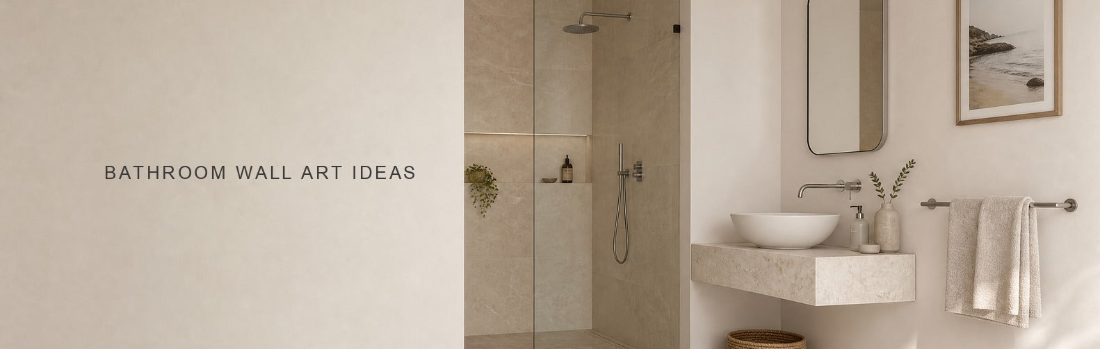 Bathroom wall art ideas: a framed coastal print on the dry wall away from the shower