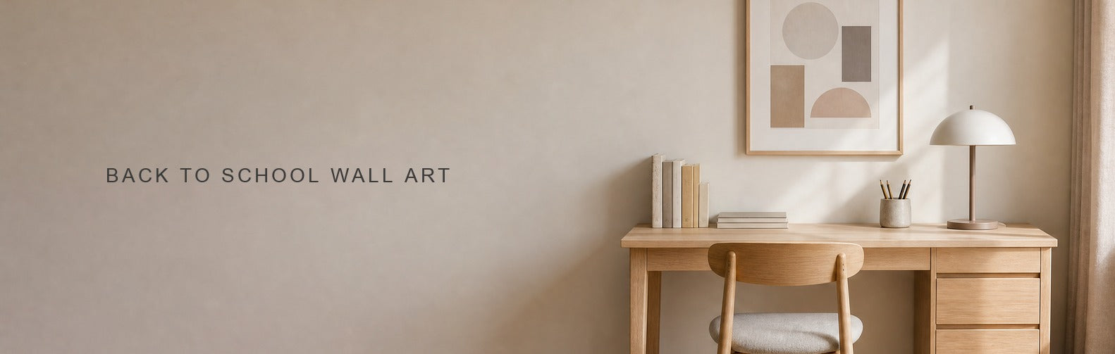 Back to school wall art: a geometric print above a tidy study desk