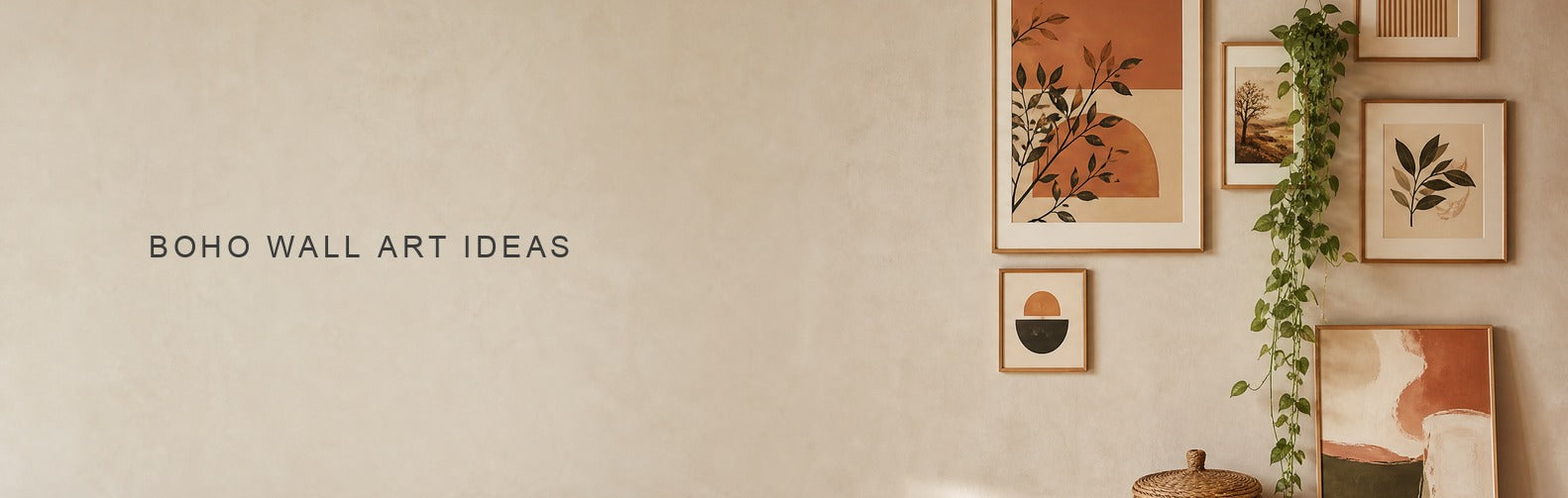 Boho wall art ideas: a layered arrangement of uneven frames in terracotta and cream