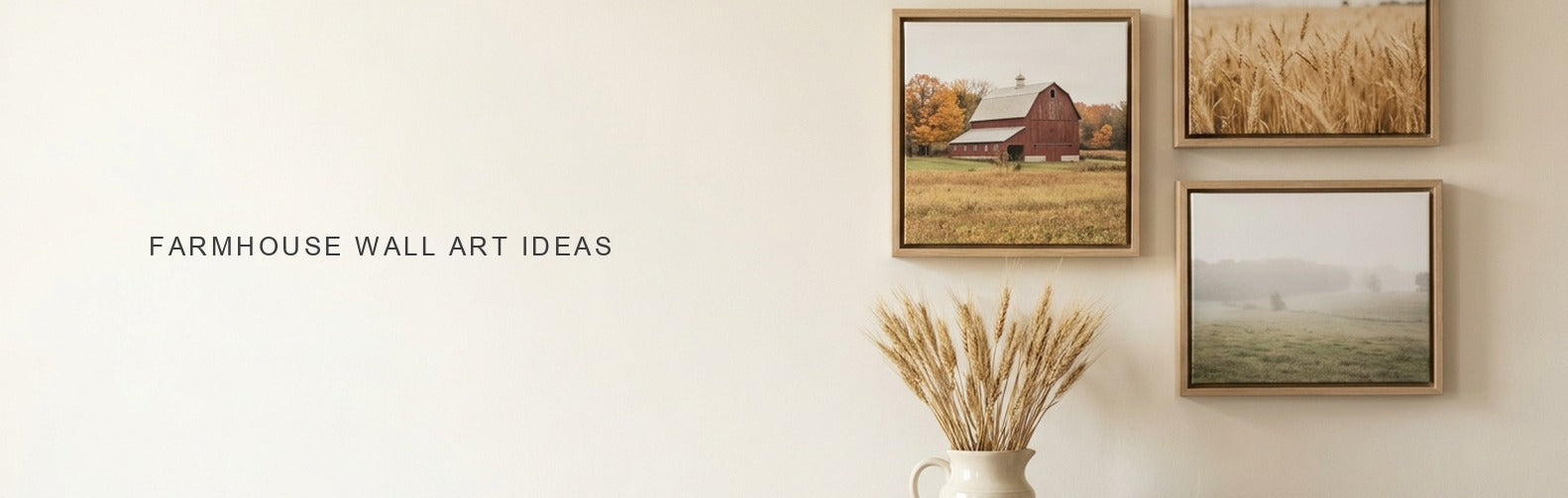 Farmhouse wall art: barn, wheat field and misty pasture canvases in oak frames