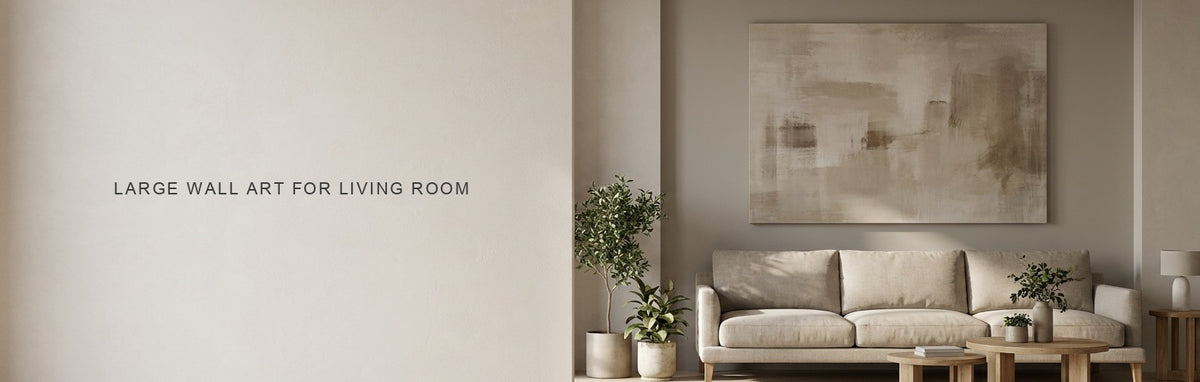 Large wall art for living room: an oversized canvas above a three seat sofa