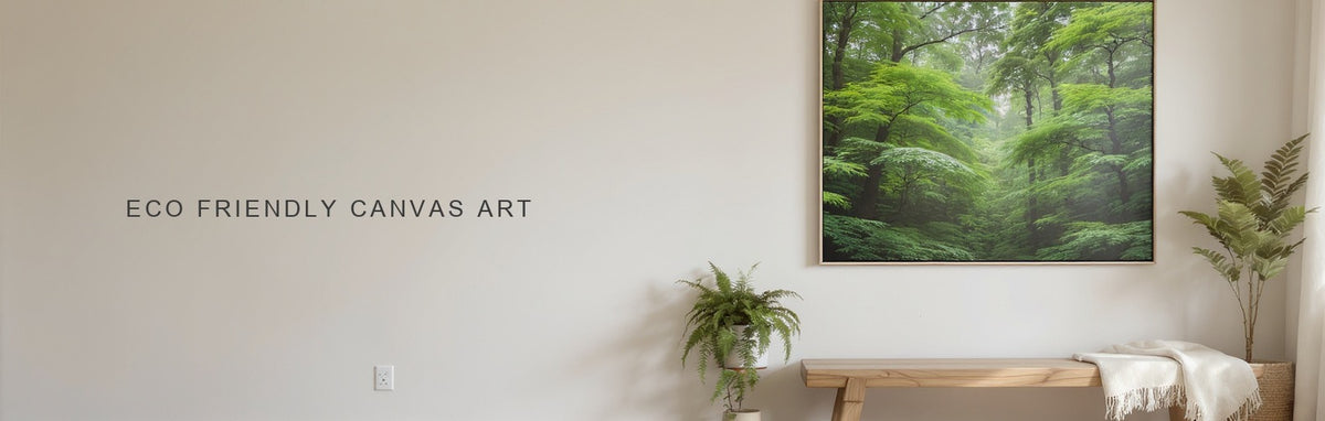 Eco friendly canvas art: a forest canopy canvas above an untreated oak bench and a potted fern