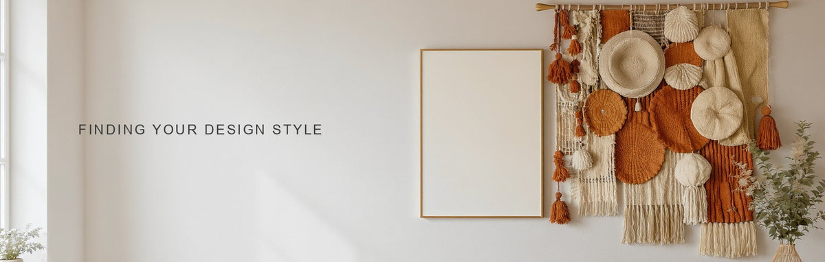 Finding your design style: a spare minimalist canvas beside a layered boho arrangement on one wall