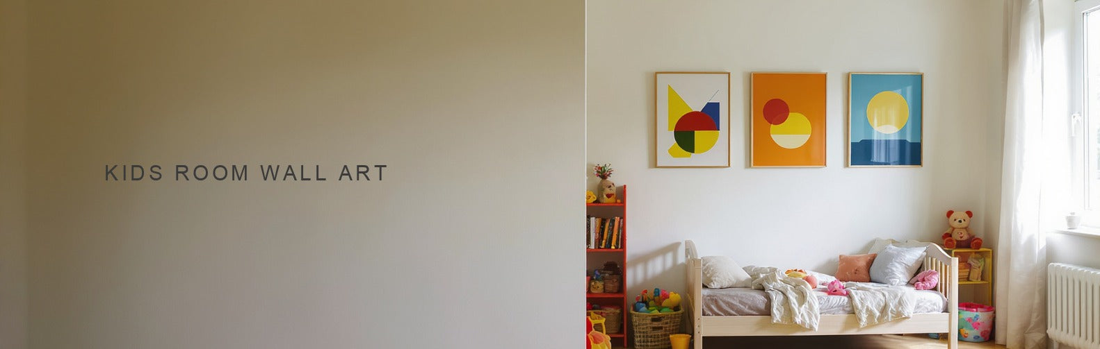 Kids room wall art: three bold primary coloured canvas prints in a row above a child's bed