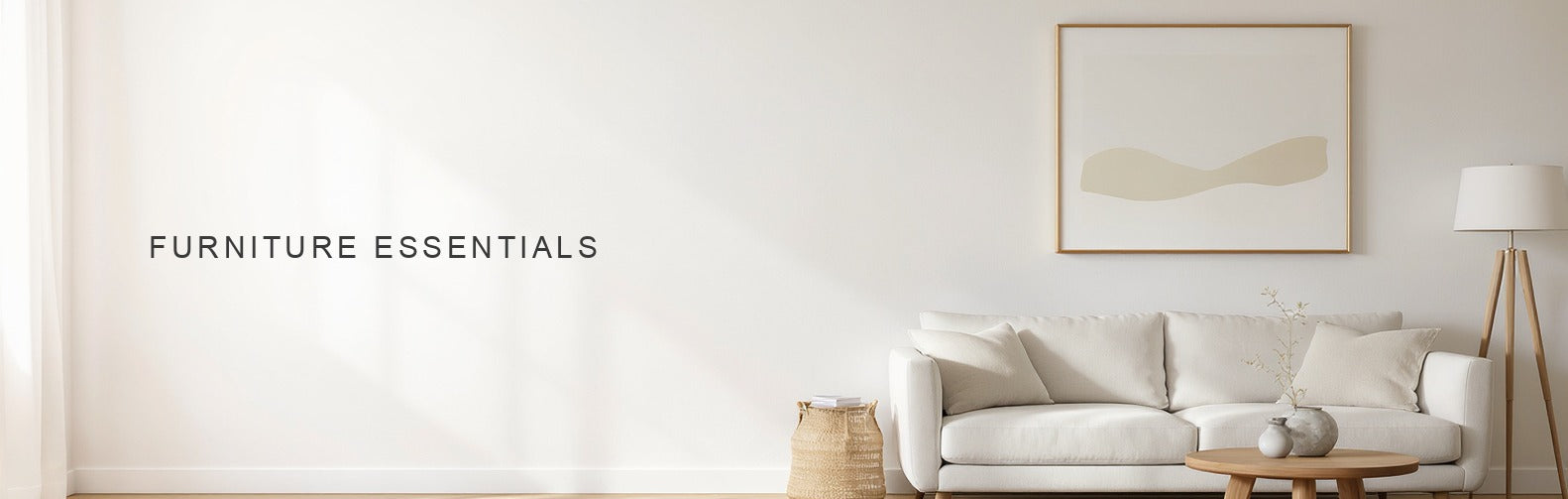 Furniture essentials for every room: a linen sofa, oak coffee table and floor lamp under a wide canvas print
