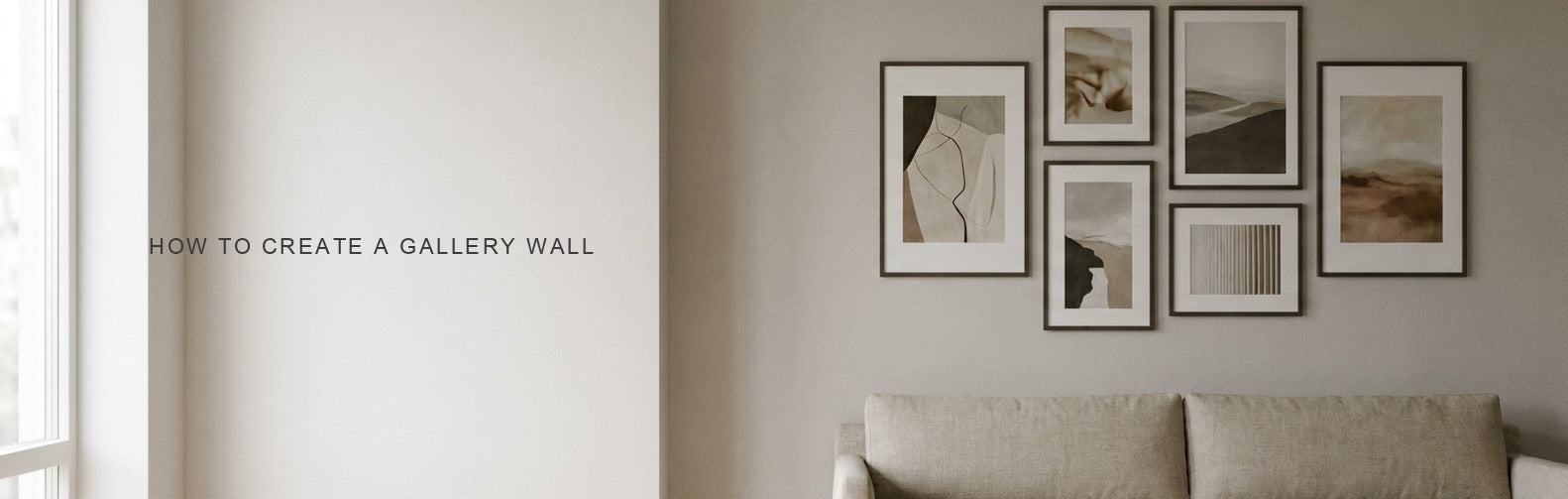 How to create a gallery wall: six framed prints arranged above a sofa