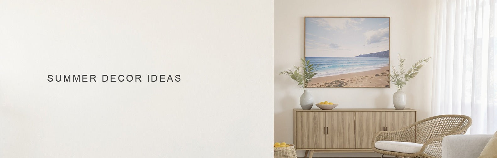 Summer decor ideas: sheer curtains, rattan and a bright coastal canvas print above a sideboard