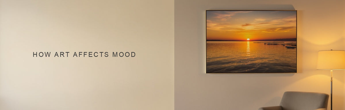 How art affects mood: a golden sunset canvas above a soft armchair in warm evening light