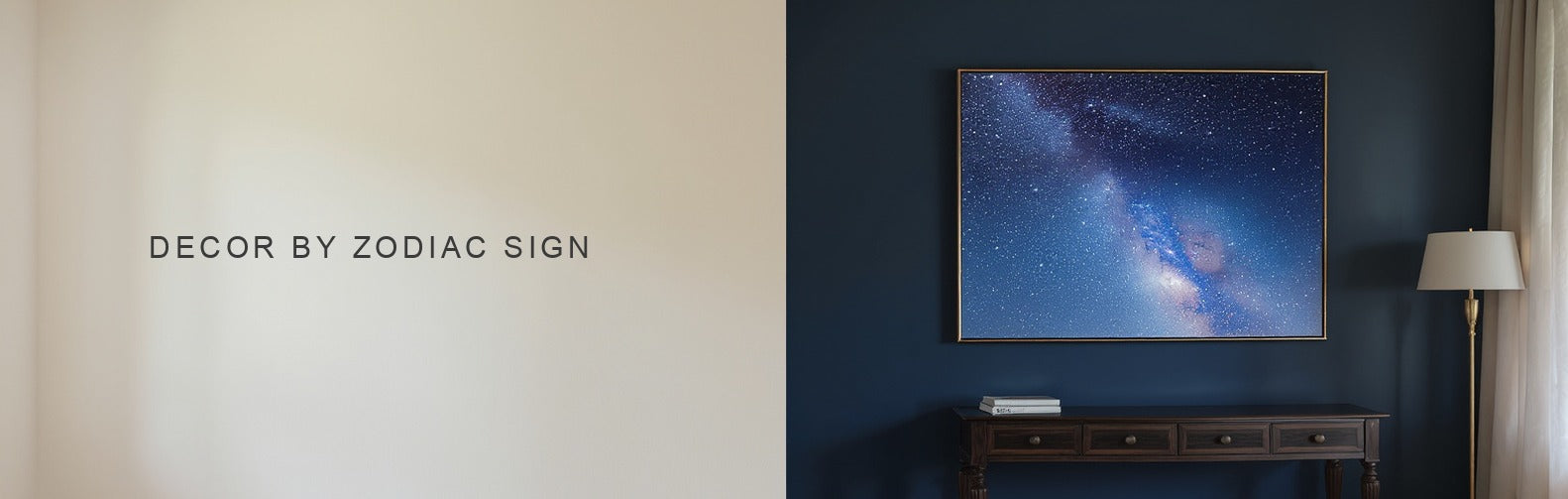 Decor by zodiac sign: a starry night sky canvas above a dark wood console on a midnight blue wall