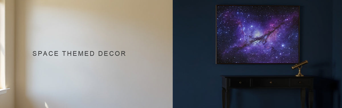 Space themed decor: a glowing nebula canvas above a black console with a small brass telescope