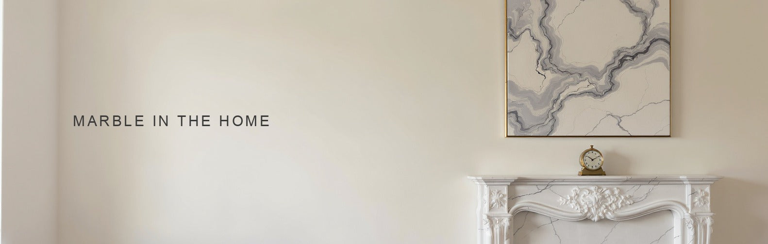 Marble in the home: a soft grey marbled canvas above a white marble fireplace surround
