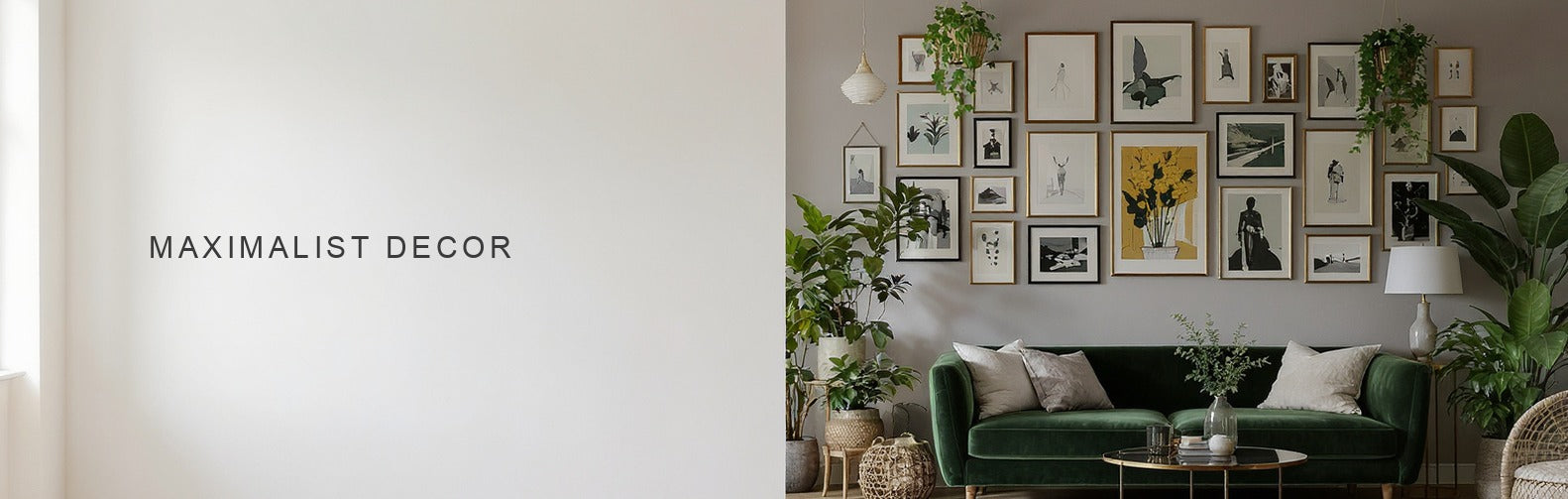 Maximalist decor: a dense gallery wall of mixed frames above a deep green velvet sofa