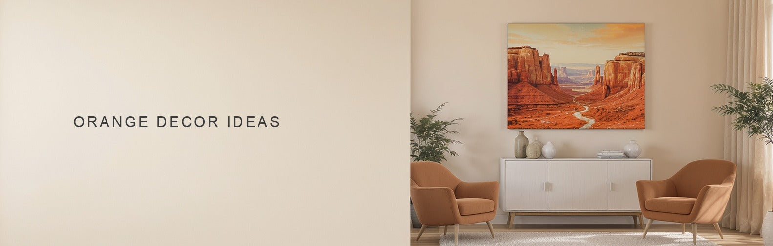 Orange decor ideas: a rust and amber desert canyon canvas above a burnt orange armchair