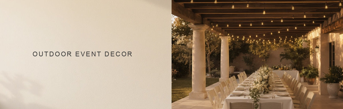 Outdoor event decoration ideas: a long linen table under festoon lights on a covered terrace