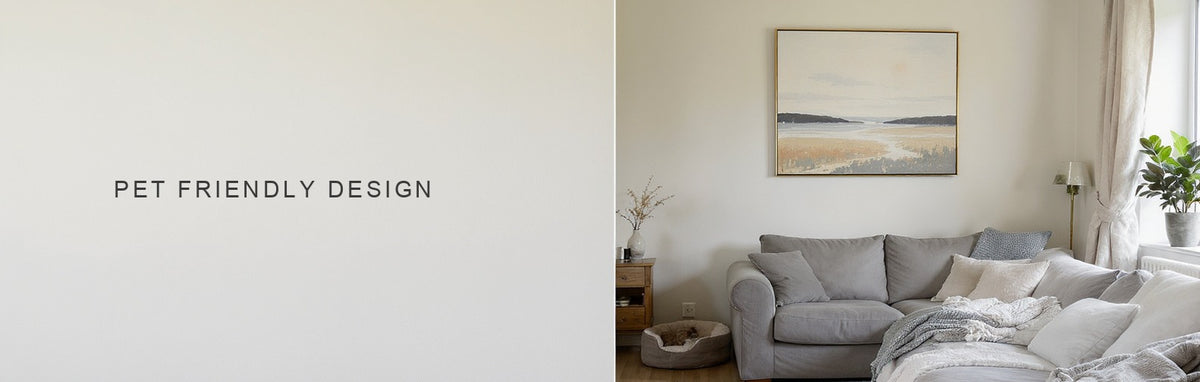 Pet friendly design: a canvas above a washable slipcovered sofa with a hard wearing rug and a pet bed