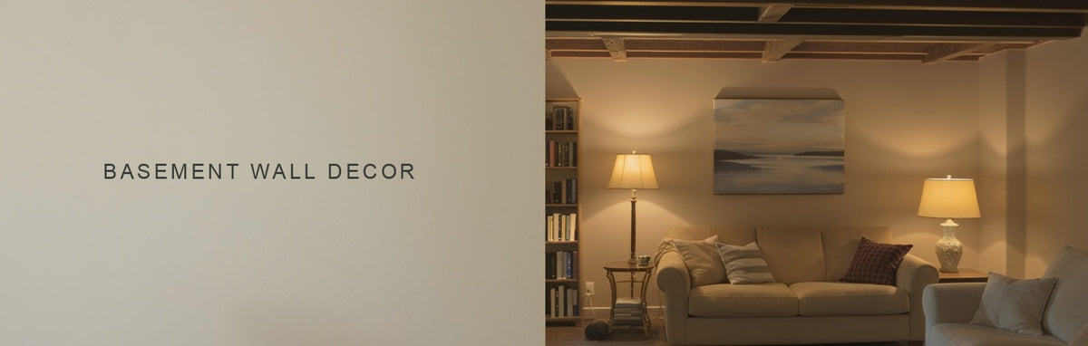 Basement wall decor: a canvas print on a painted wall in a finished basement lit by warm lamps