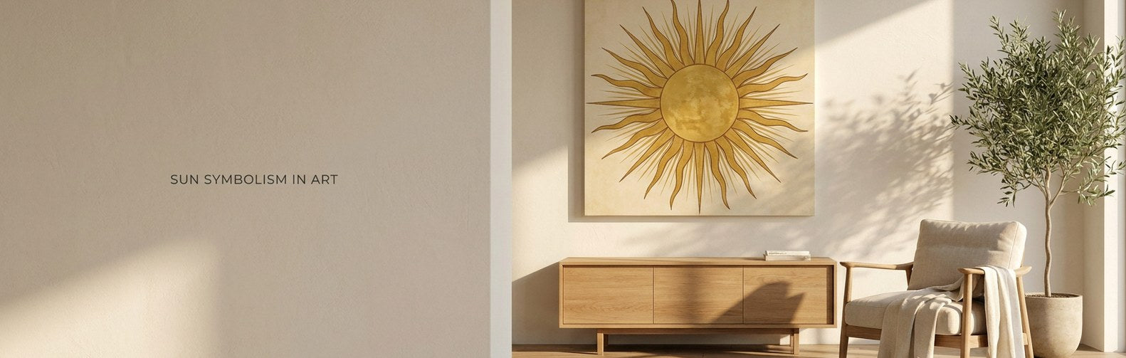 Sun symbolism in art shown as a golden radiant sun disc canvas in a warm neutral room