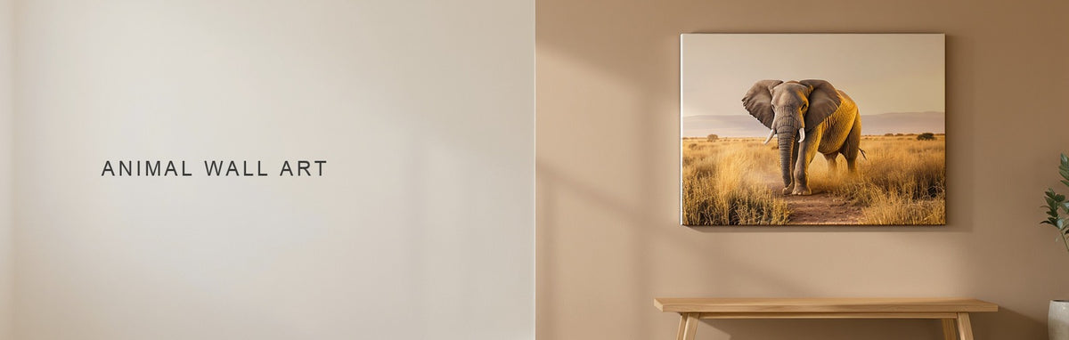 Animal wall art: an elephant on dry grassland at golden hour on canvas above a wooden bench