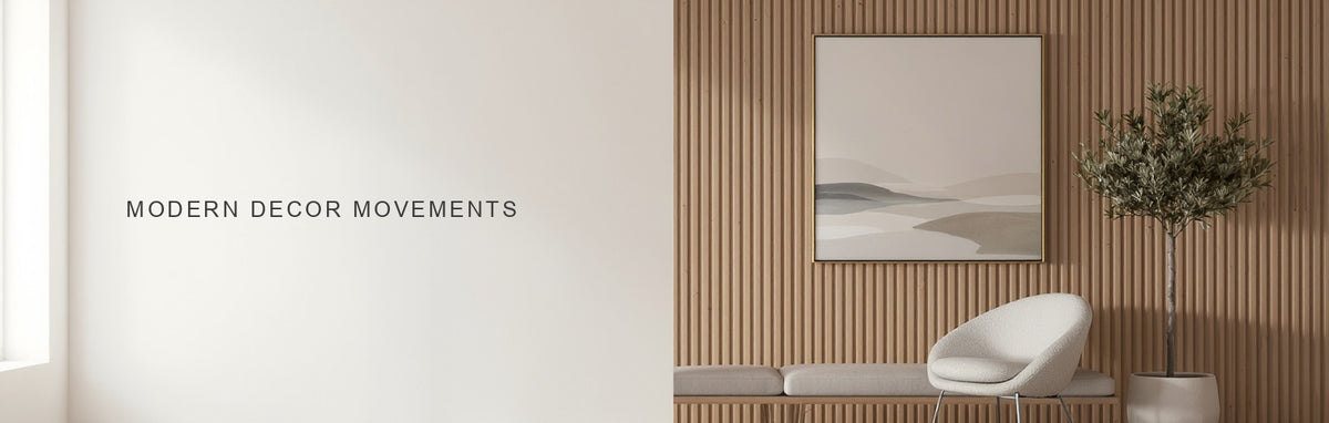 Modern home decor movements: a curved boucle chair and fluted wood beneath a soft abstract canvas print