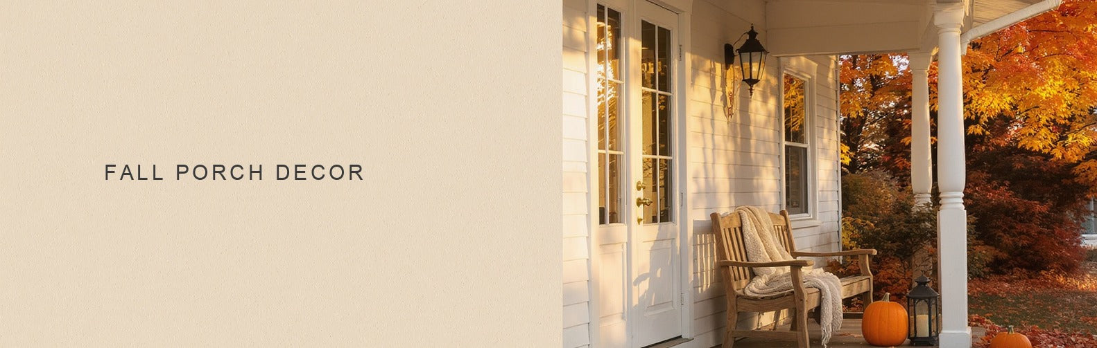 Fall porch decor ideas: a wooden porch bench with a wool throw, pumpkin and lantern in autumn light