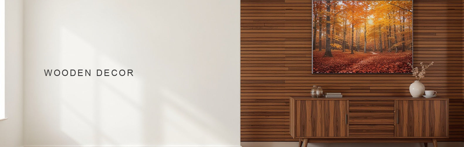 Wooden decor in interior design: a forest canvas above a walnut sideboard and a slatted wood panel