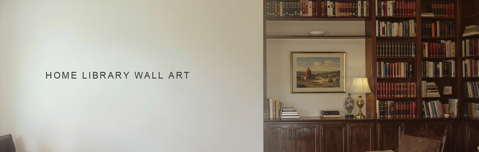 Home library wall art: a canvas hung between full dark wood bookshelves beside a reading chair